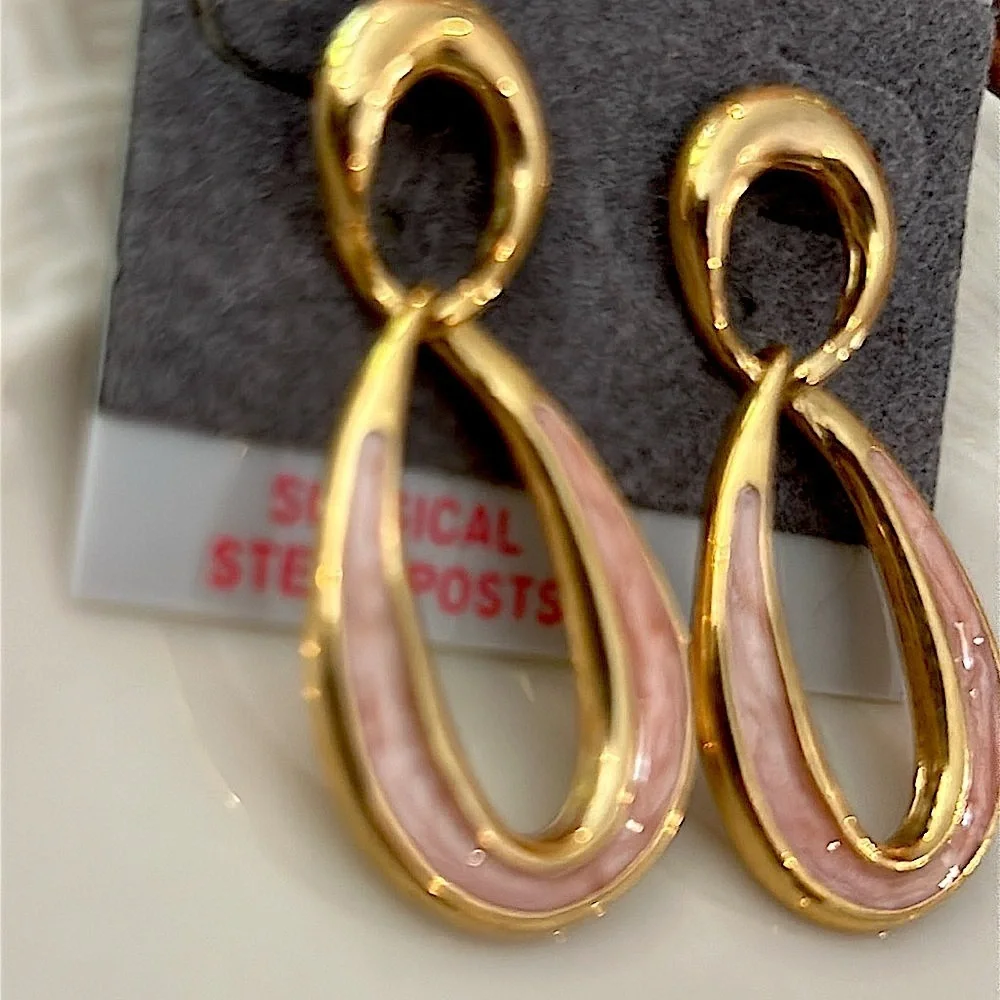 Gold Clay Pink Loop Dangle Earrings Pierced NEW Vintage Surgical Steel Post
